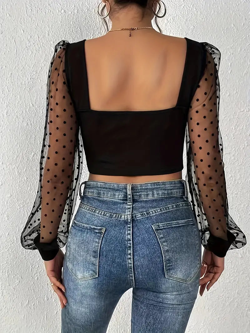 Dot Mesh Puff Sleeve Corset Top